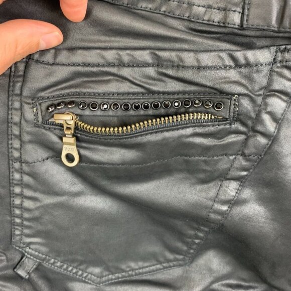 Robins Jean Men Pants 32x30 Black Studded Jeans Slim Fake Leather Motard Biker - Picture 16 of 16